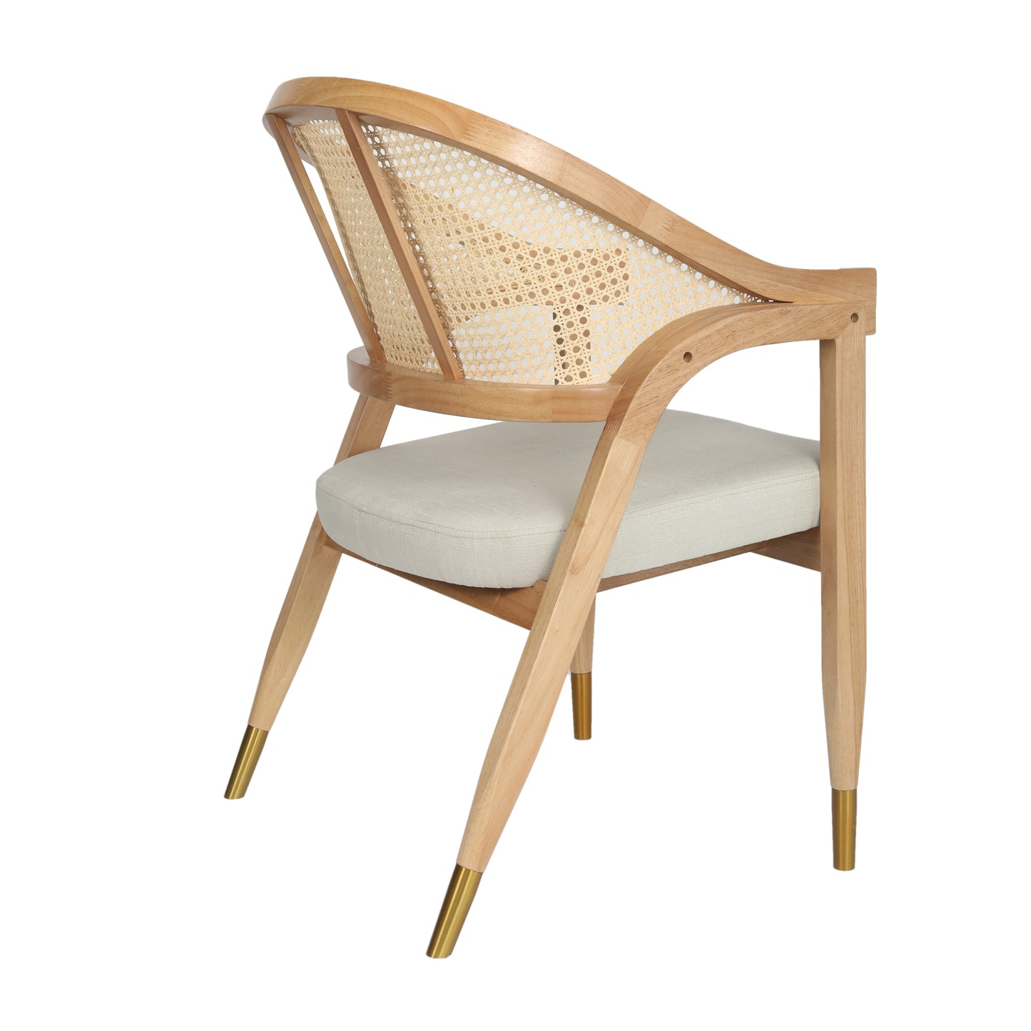 Naomi Commercial Cane Rattan Dining and Accent Chair with Solid Wood Frame Featuring Gold Tipped Legs and Beige Padded Seat in Natural Natural