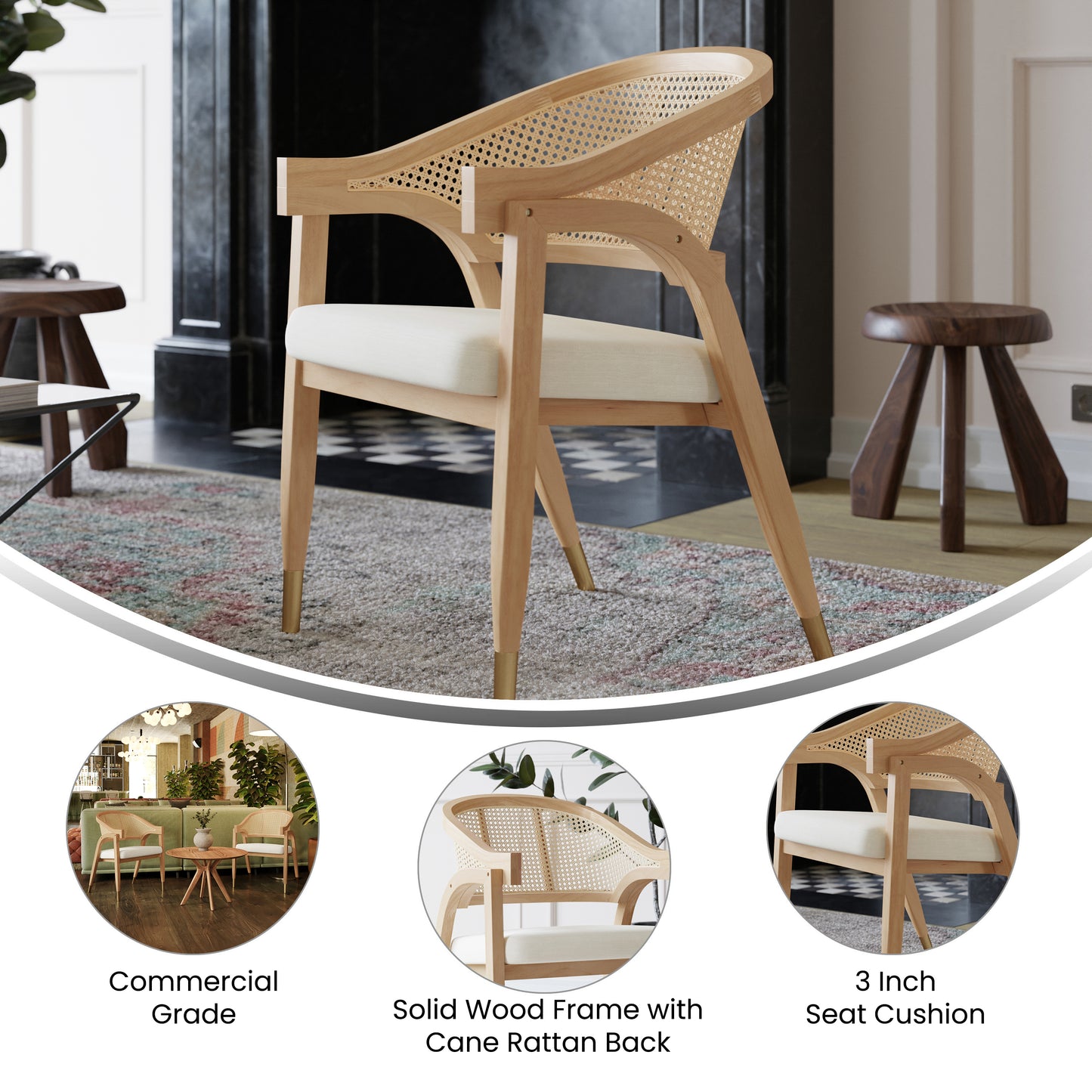 Naomi Commercial Cane Rattan Dining and Accent Chair with Solid Wood Frame Featuring Gold Tipped Legs and Beige Padded Seat in Natural Natural