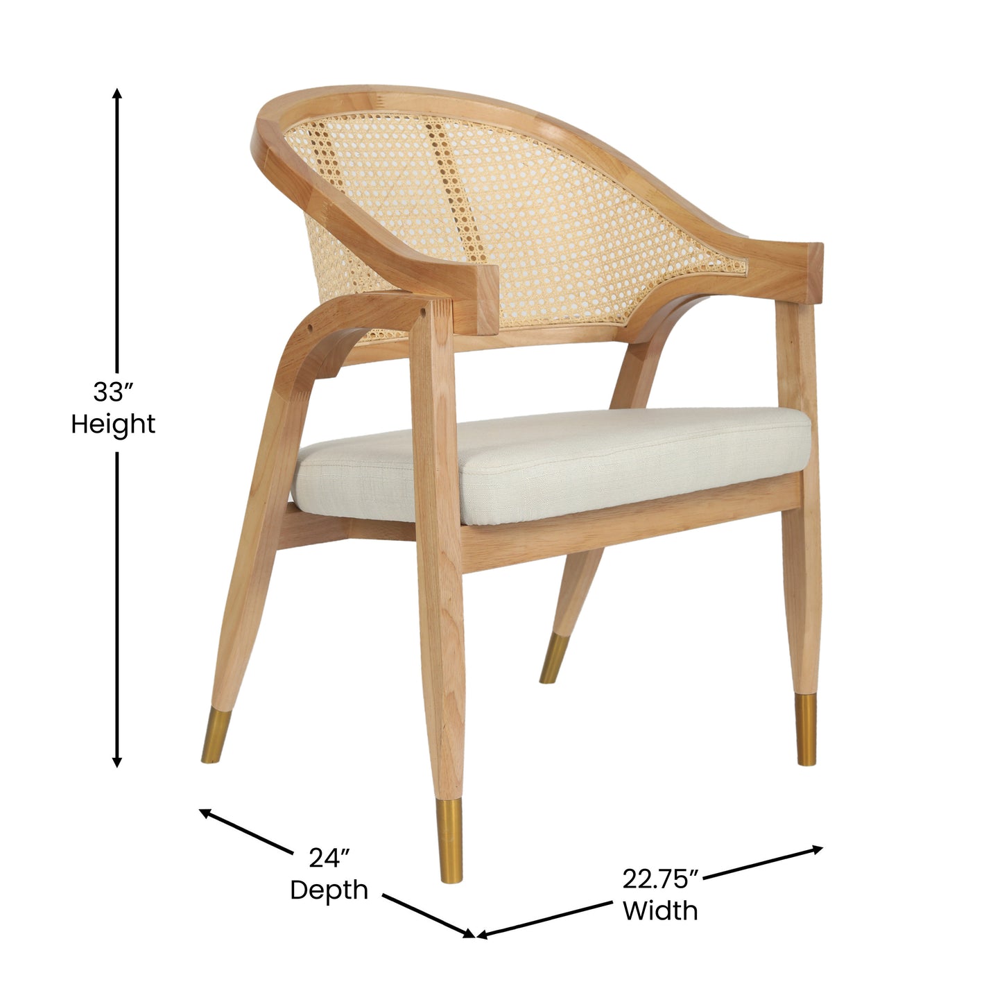 Naomi Commercial Cane Rattan Dining and Accent Chair with Solid Wood Frame Featuring Gold Tipped Legs and Beige Padded Seat in Natural Natural