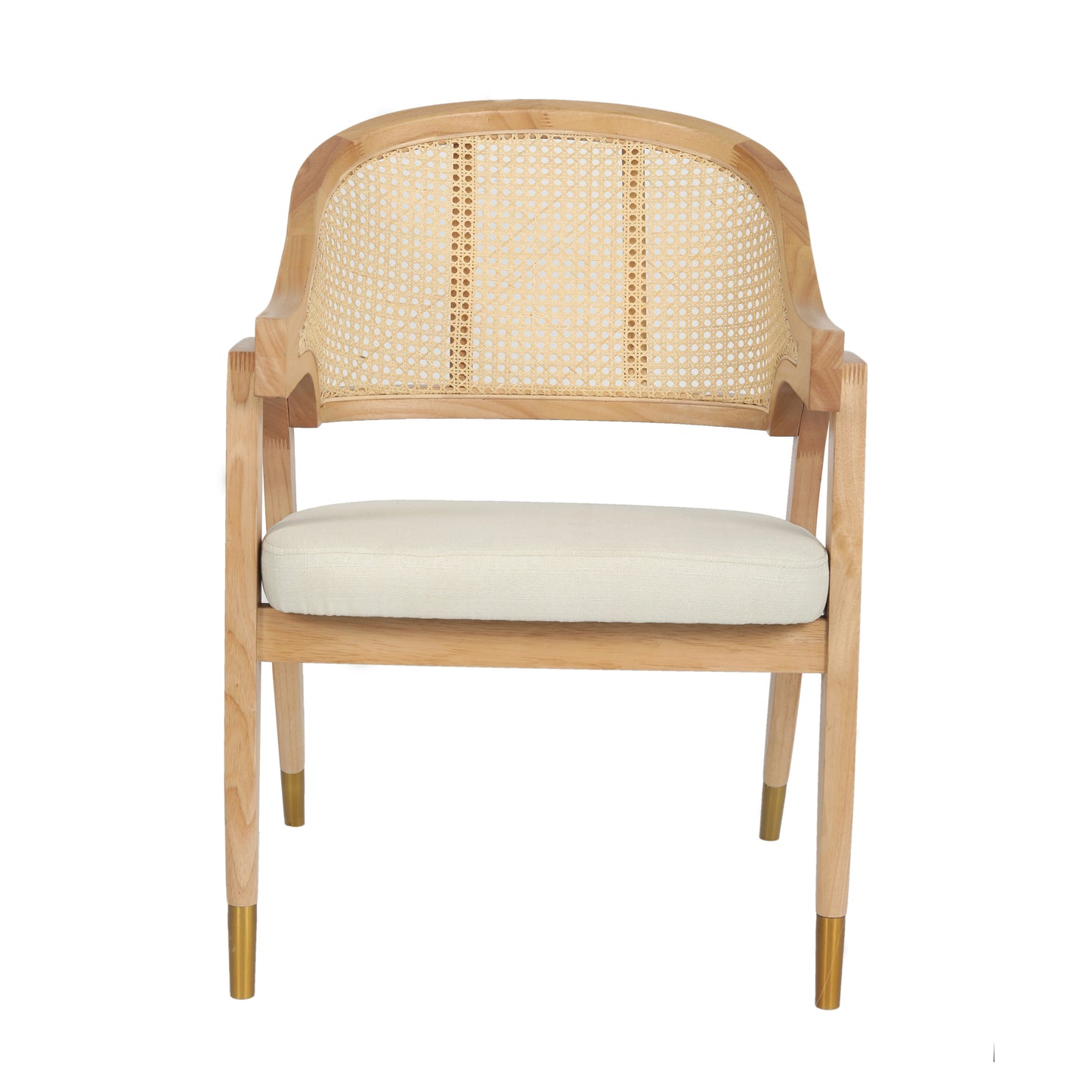Naomi Commercial Cane Rattan Dining and Accent Chair with Solid Wood Frame Featuring Gold Tipped Legs and Beige Padded Seat in Natural Natural