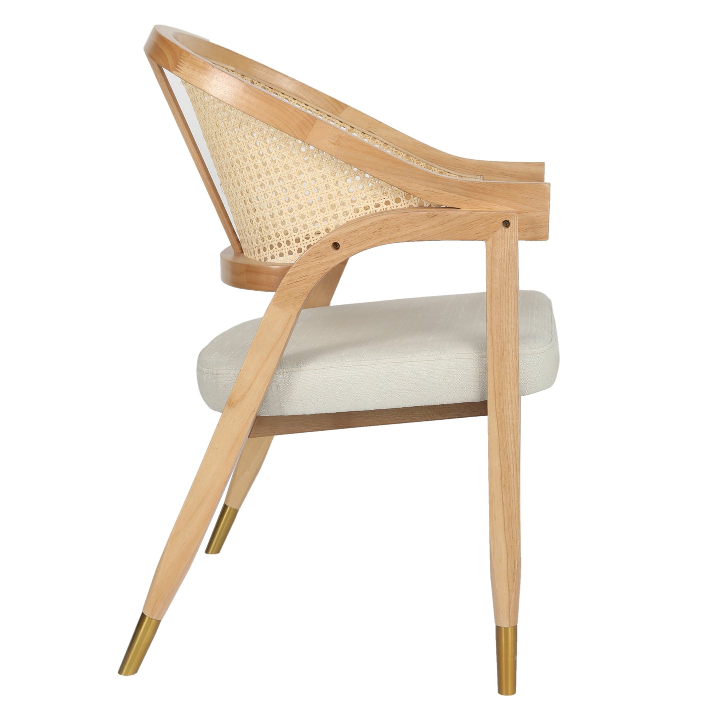 Naomi Commercial Cane Rattan Dining and Accent Chair with Solid Wood Frame Featuring Gold Tipped Legs and Beige Padded Seat in Natural Natural