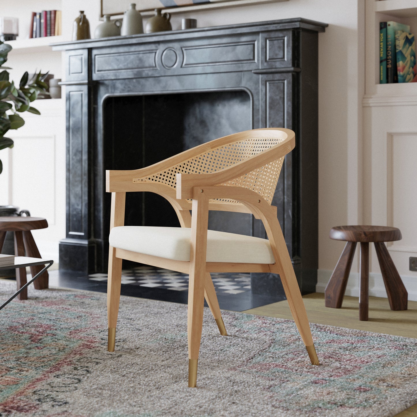Naomi Commercial Cane Rattan Dining and Accent Chair with Solid Wood Frame Featuring Gold Tipped Legs and Beige Padded Seat in Natural Natural