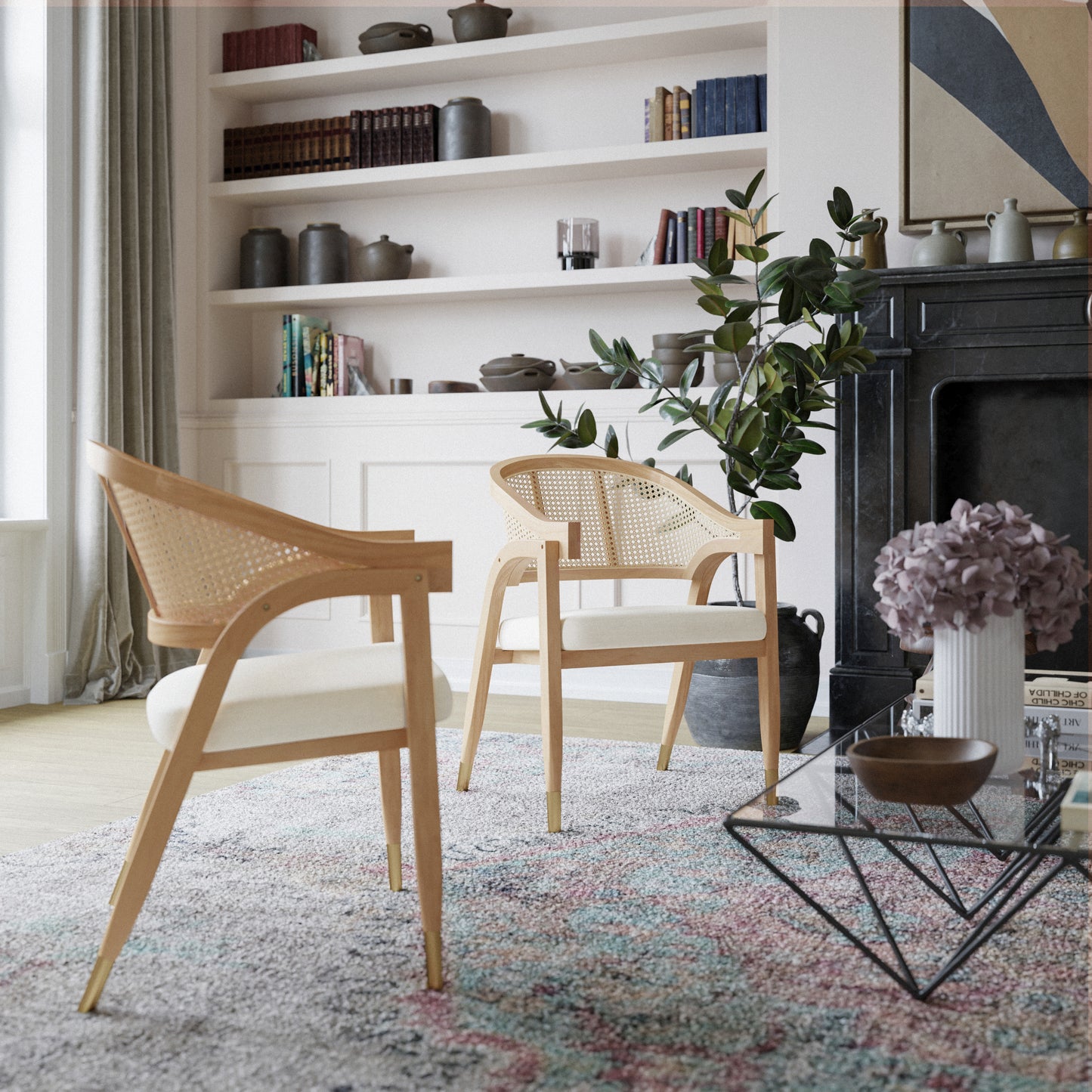 Naomi Commercial Cane Rattan Dining and Accent Chair with Solid Wood Frame Featuring Gold Tipped Legs and Beige Padded Seat in Natural Natural