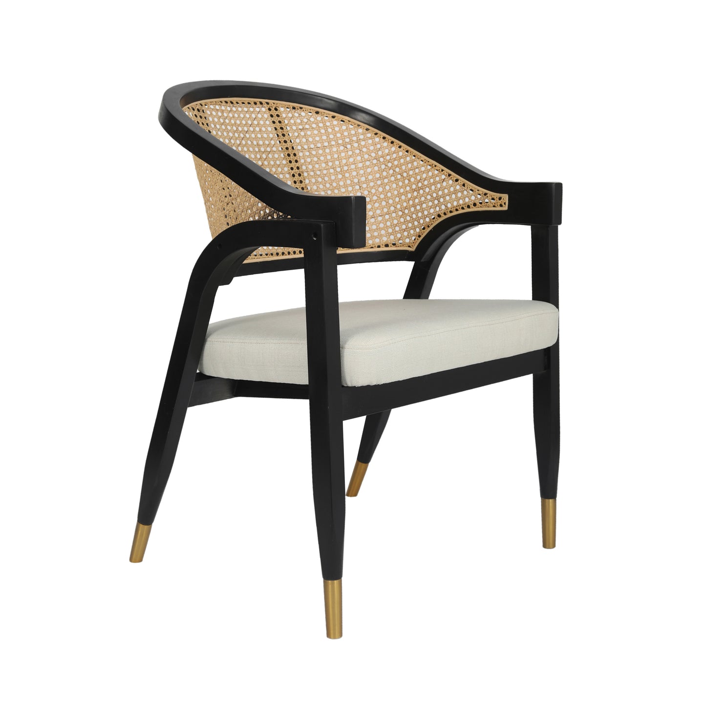 Naomi Commercial Cane Rattan Dining and Accent Chair with Solid Wood Frame Featuring Gold Tipped Legs and Beige Padded Seat in Natural/Black Black