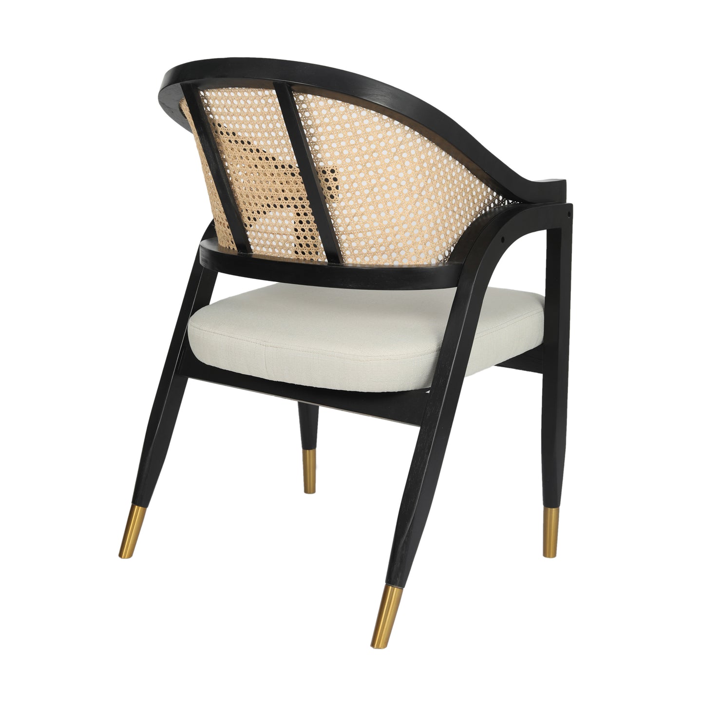 Naomi Commercial Cane Rattan Dining and Accent Chair with Solid Wood Frame Featuring Gold Tipped Legs and Beige Padded Seat in Natural/Black Black