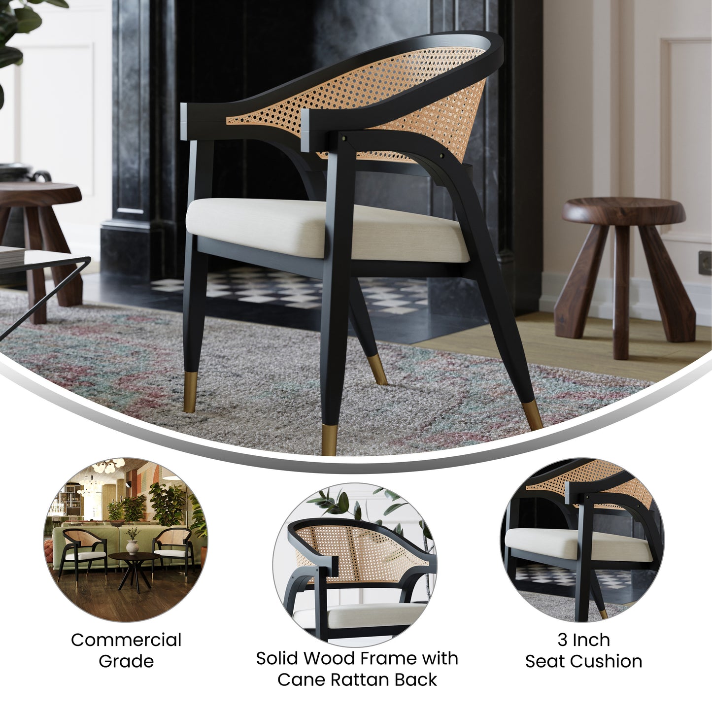Naomi Commercial Cane Rattan Dining and Accent Chair with Solid Wood Frame Featuring Gold Tipped Legs and Beige Padded Seat in Natural/Black Black