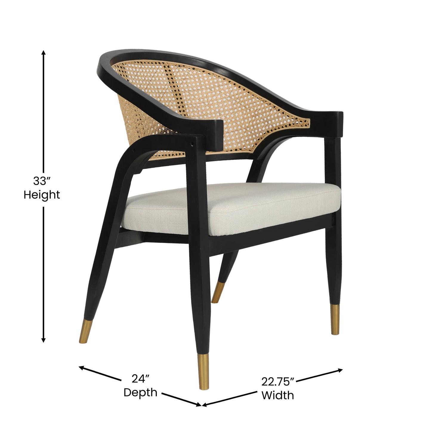 Naomi Commercial Cane Rattan Dining and Accent Chair with Solid Wood Frame Featuring Gold Tipped Legs and Beige Padded Seat in Natural/Black Black