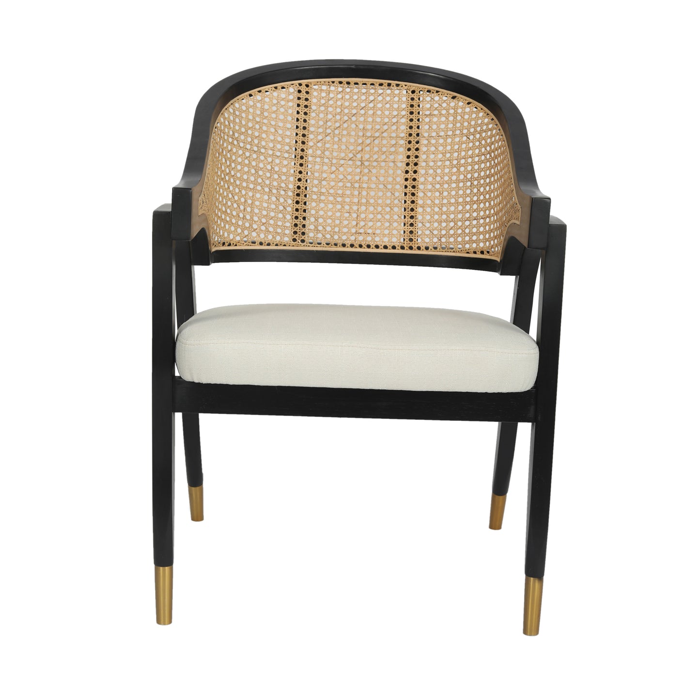 Naomi Commercial Cane Rattan Dining and Accent Chair with Solid Wood Frame Featuring Gold Tipped Legs and Beige Padded Seat in Natural/Black Black