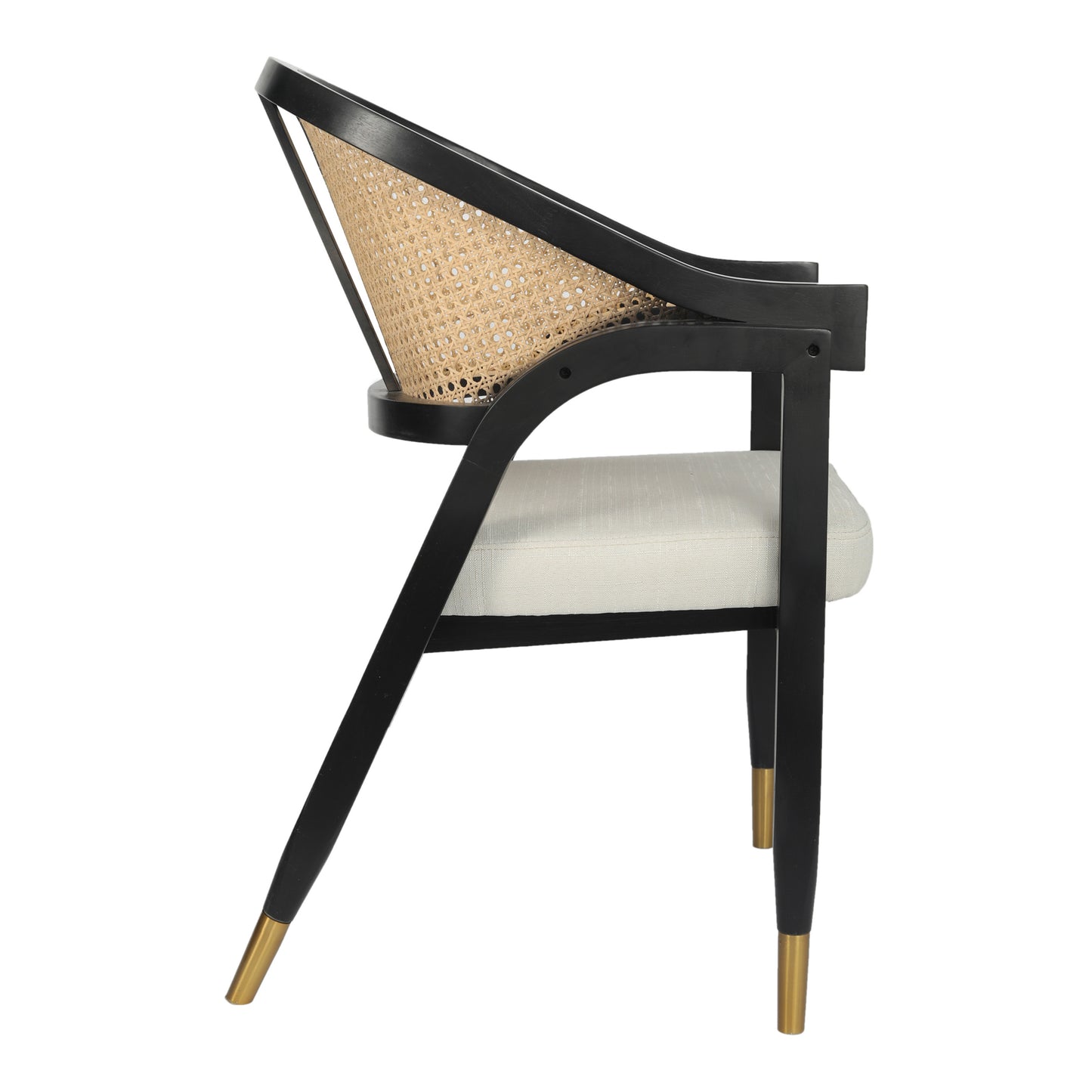 Naomi Commercial Cane Rattan Dining and Accent Chair with Solid Wood Frame Featuring Gold Tipped Legs and Beige Padded Seat in Natural/Black Black