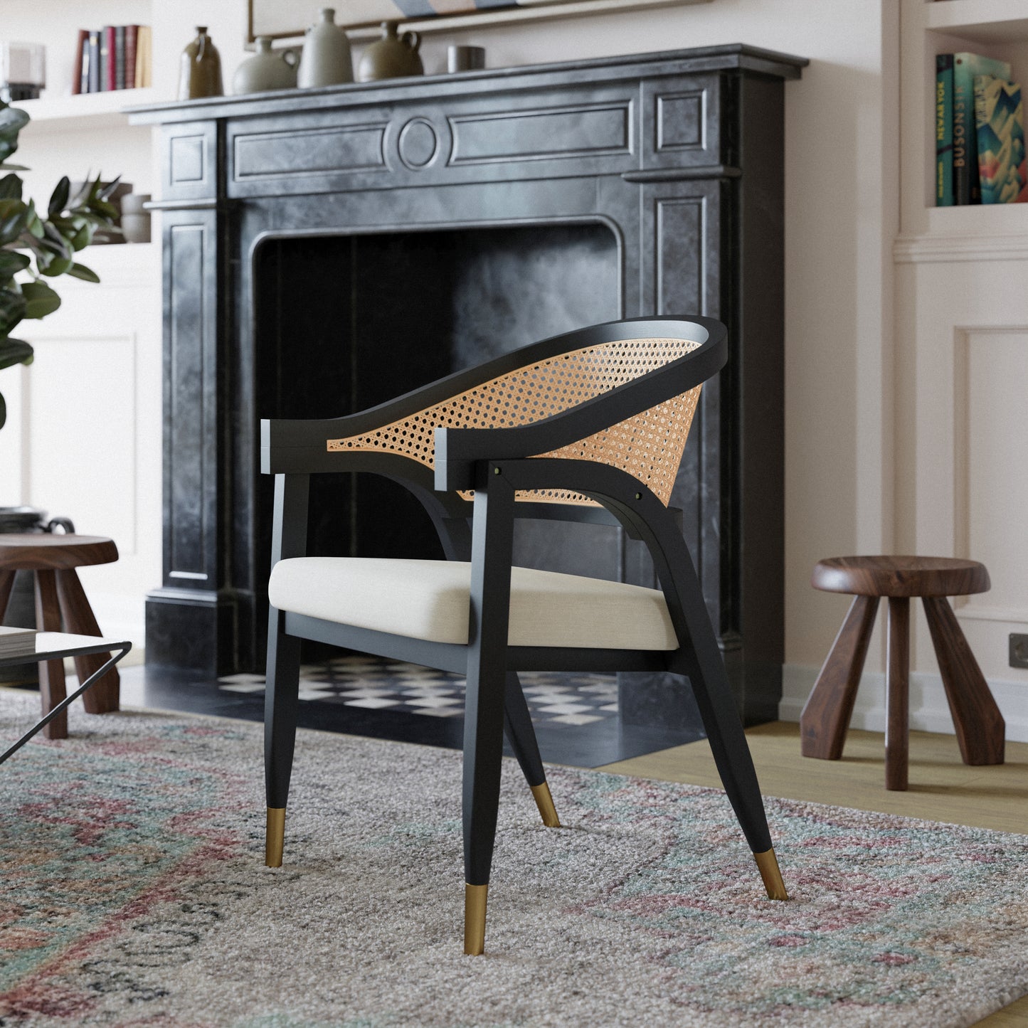 Naomi Commercial Cane Rattan Dining and Accent Chair with Solid Wood Frame Featuring Gold Tipped Legs and Beige Padded Seat in Natural/Black Black