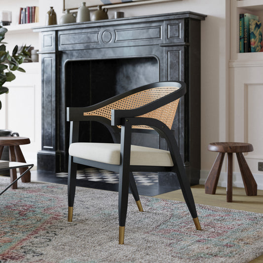 Naomi Commercial Cane Rattan Dining and Accent Chair with Solid Wood Frame Featuring Gold Tipped Legs and Beige Padded Seat in Natural/Black Black