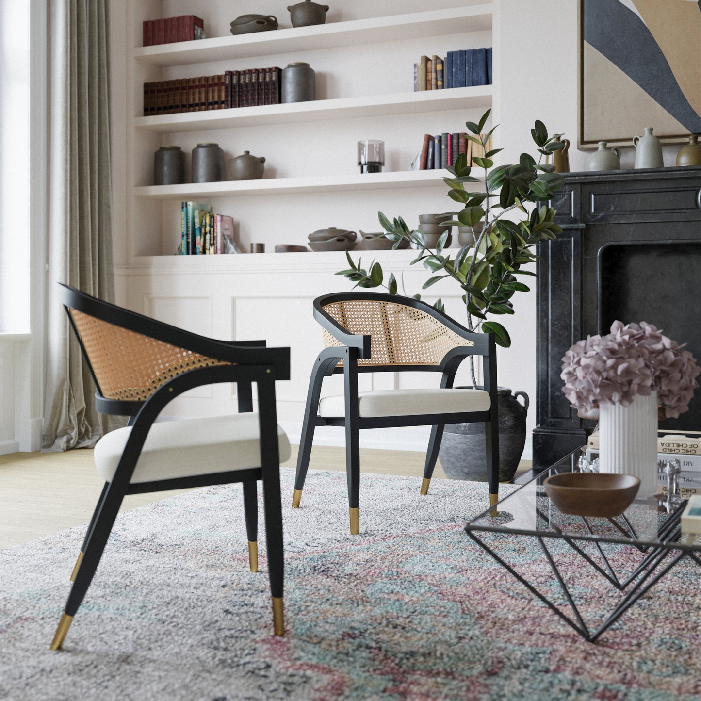 Naomi Commercial Cane Rattan Dining and Accent Chair with Solid Wood Frame Featuring Gold Tipped Legs and Beige Padded Seat in Natural/Black Black