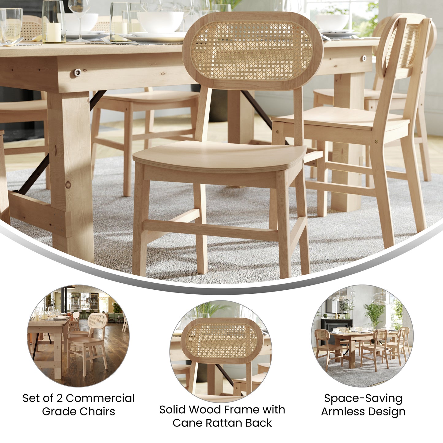 Jacob Set of 2 Commercial Cane Rattan Dining and Event Chairs with Solid Wood Frame and Seat, Natural Natural