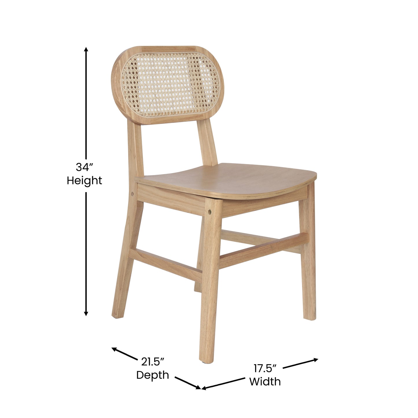 Jacob Set of 2 Commercial Cane Rattan Dining and Event Chairs with Solid Wood Frame and Seat, Natural Natural