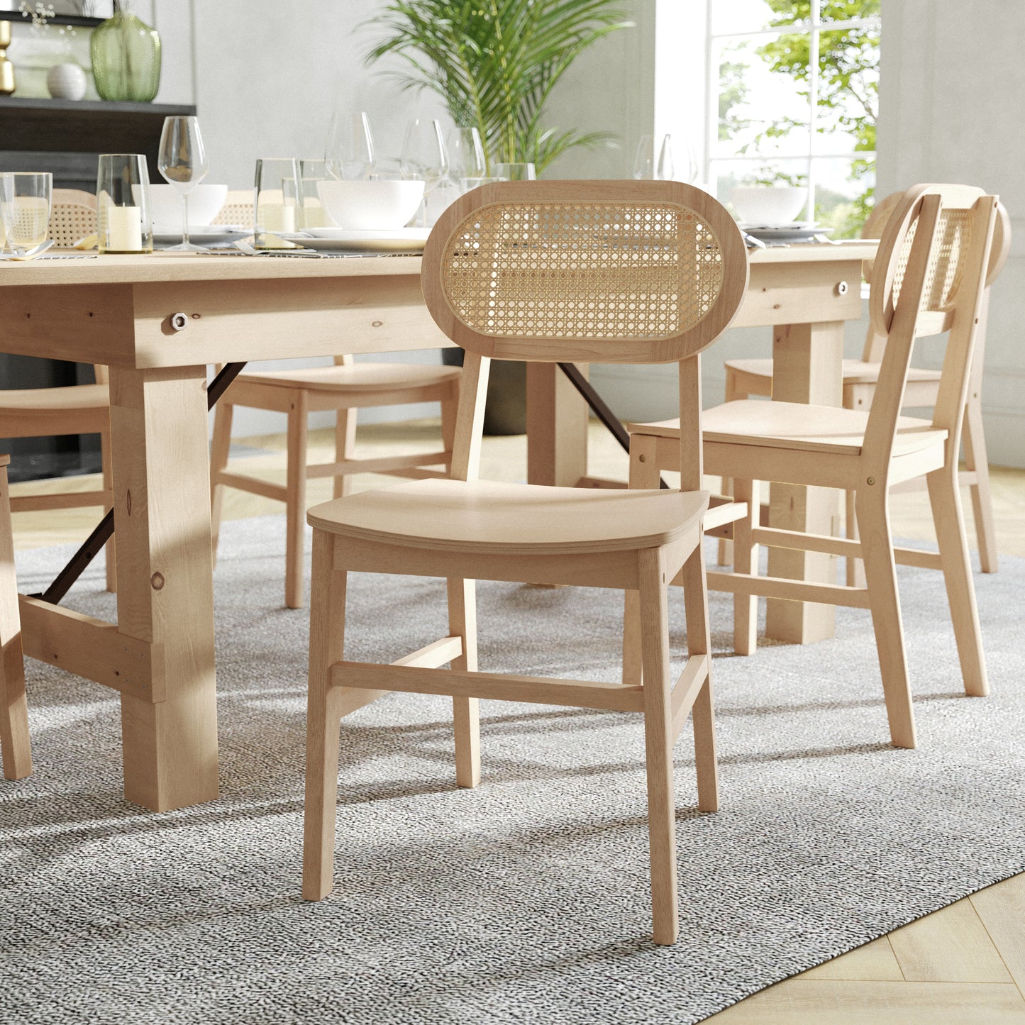 Jacob Set of 2 Commercial Cane Rattan Dining and Event Chairs with Solid Wood Frame and Seat, Natural Natural