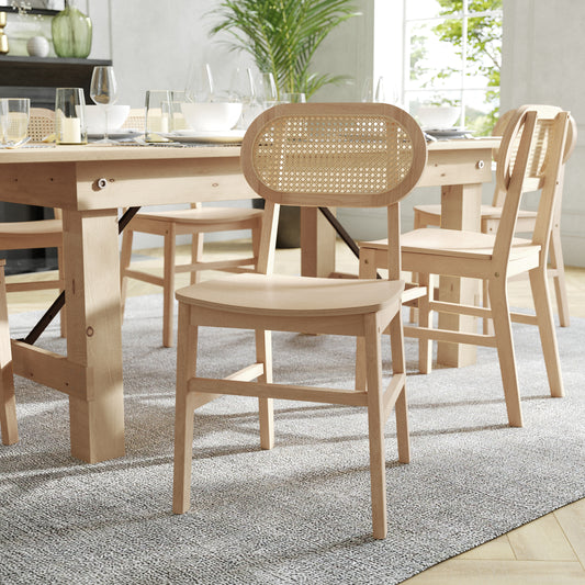 Jacob Set of 2 Commercial Cane Rattan Dining and Event Chairs with Solid Wood Frame and Seat, Natural Natural