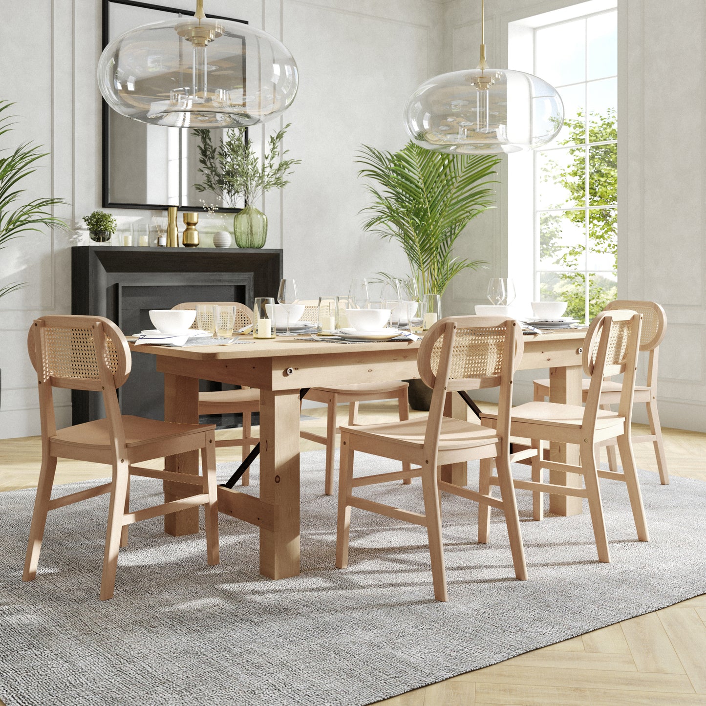 Jacob Set of 2 Commercial Cane Rattan Dining and Event Chairs with Solid Wood Frame and Seat, Natural Natural