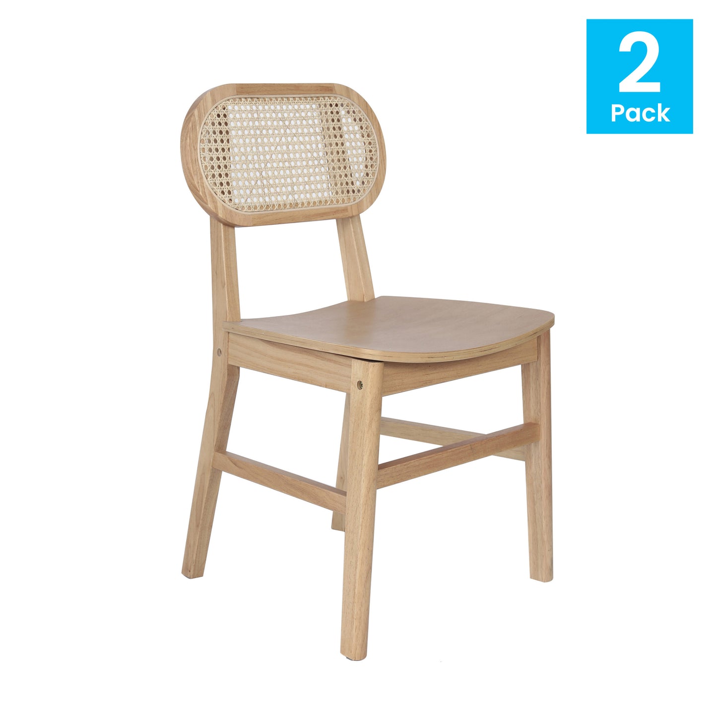 Jacob Set of 2 Commercial Cane Rattan Dining and Event Chairs with Solid Wood Frame and Seat, Natural Natural