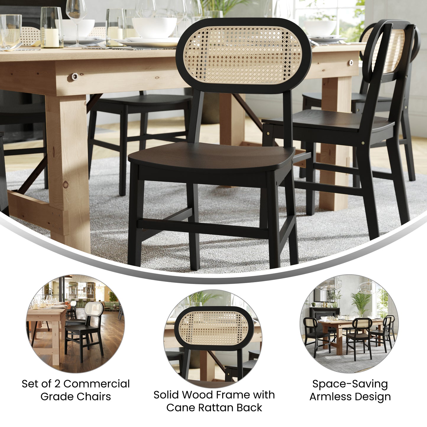 Jacob Set of 2 Commercial Cane Rattan Dining and Event Chairs with Solid Wood Frame and Seat, Natural/Black Black