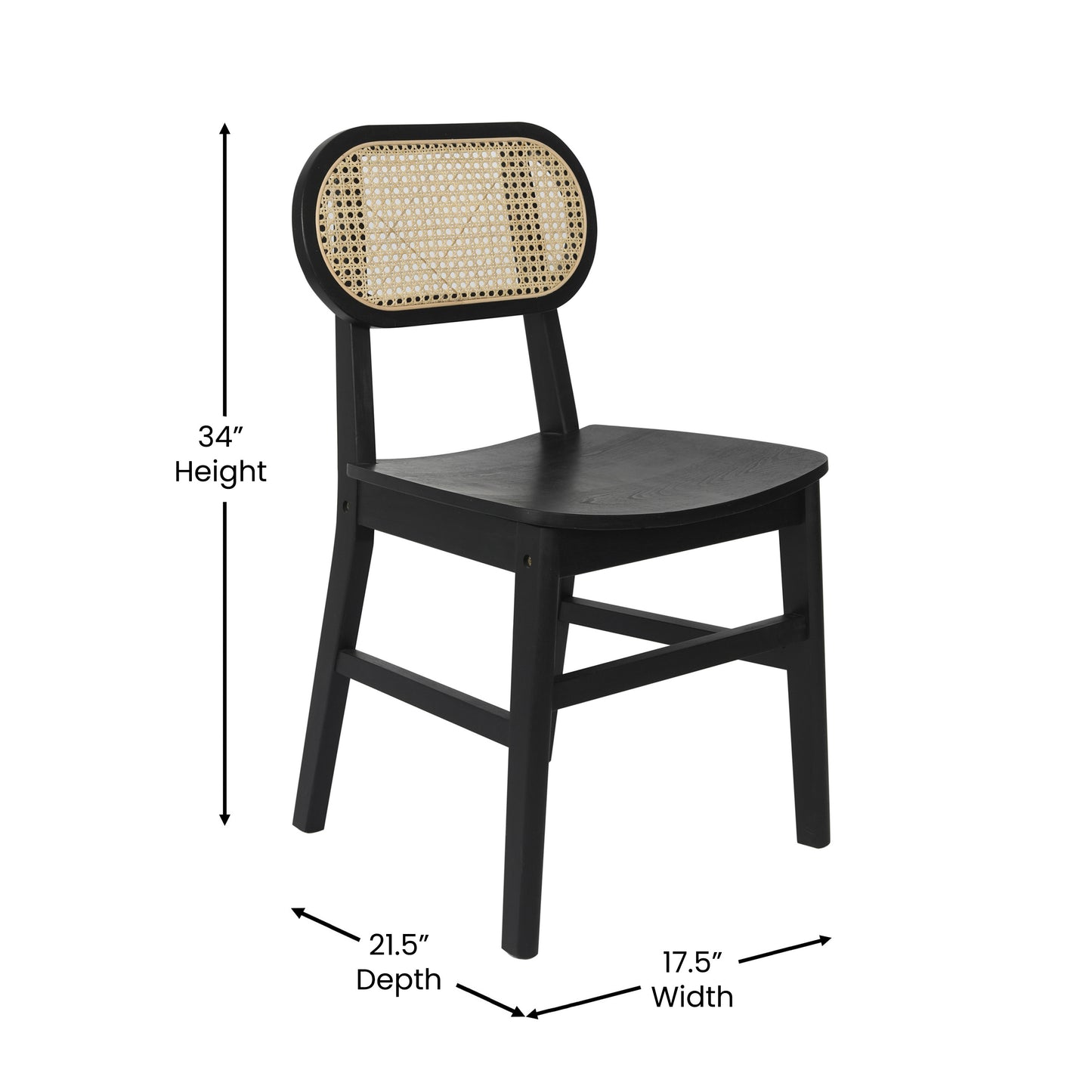 Jacob Set of 2 Commercial Cane Rattan Dining and Event Chairs with Solid Wood Frame and Seat, Natural/Black Black