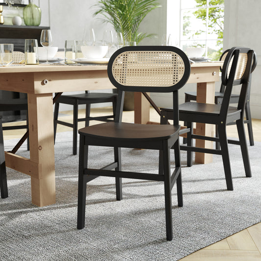 Jacob Set of 2 Commercial Cane Rattan Dining and Event Chairs with Solid Wood Frame and Seat, Natural/Black Black