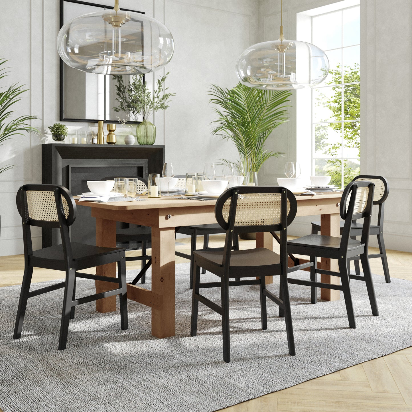 Jacob Set of 2 Commercial Cane Rattan Dining and Event Chairs with Solid Wood Frame and Seat, Natural/Black Black