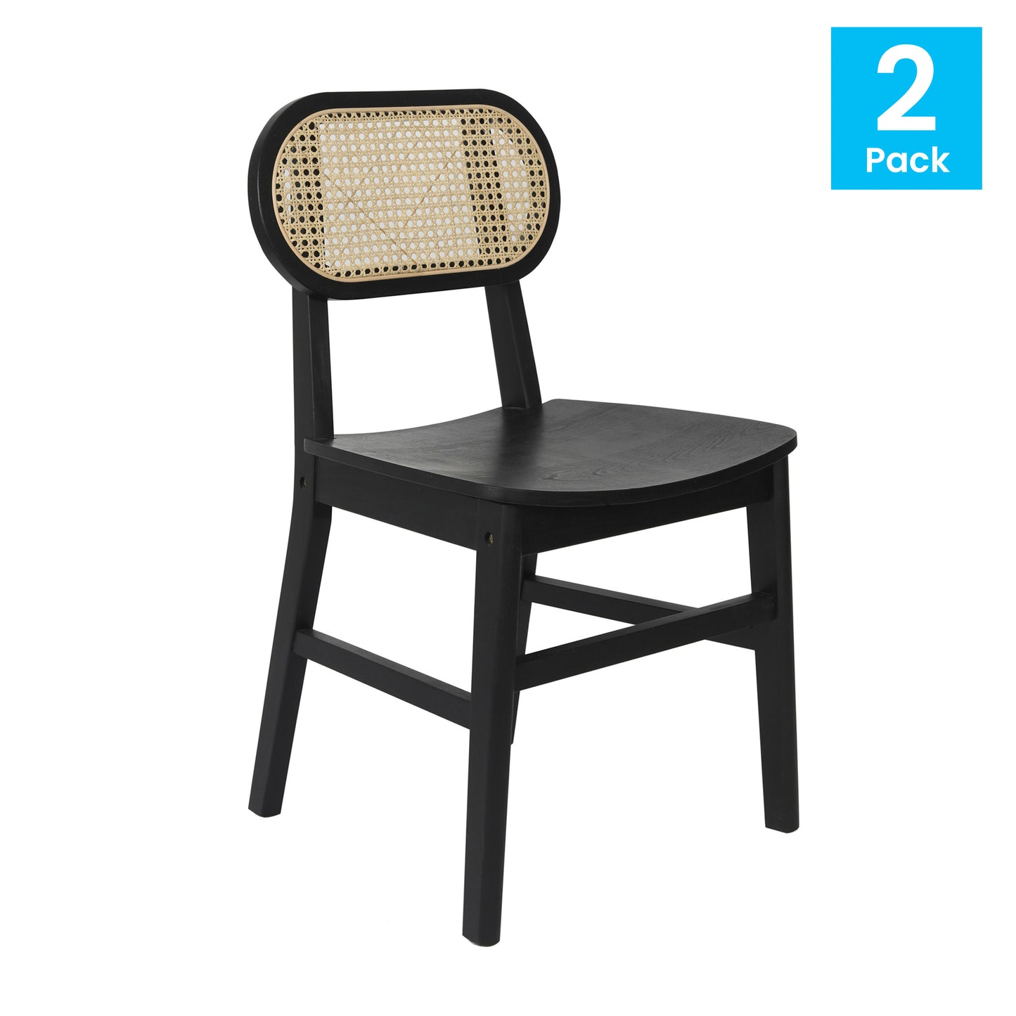 Jacob Set of 2 Commercial Cane Rattan Dining and Event Chairs with Solid Wood Frame and Seat, Natural/Black Black