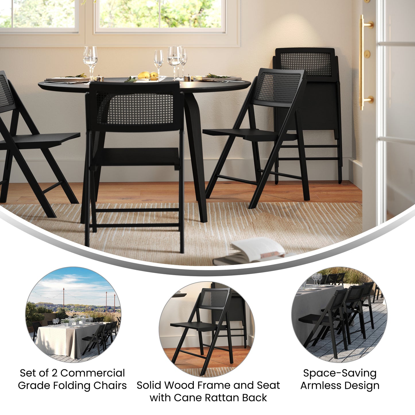 Galene Set of 2 Cane Rattan Folding Chairs with Solid Wood Frame and Seat and Ventilated Back, Perfect for Events or Additional Seating, Natural/Black Black SK-220905-BLK-GG