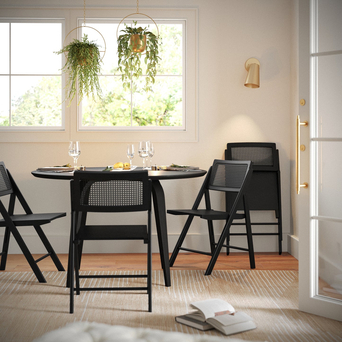 Galene Set of 2 Cane Rattan Folding Chairs with Solid Wood Frame and Seat and Ventilated Back, Perfect for Events or Additional Seating, Natural/Black Black SK-220905-BLK-GG