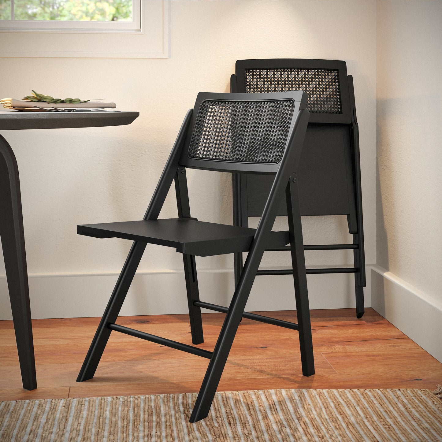 Galene Set of 2 Cane Rattan Folding Chairs with Solid Wood Frame and Seat and Ventilated Back, Perfect for Events or Additional Seating, Natural/Black Black SK-220905-BLK-GG