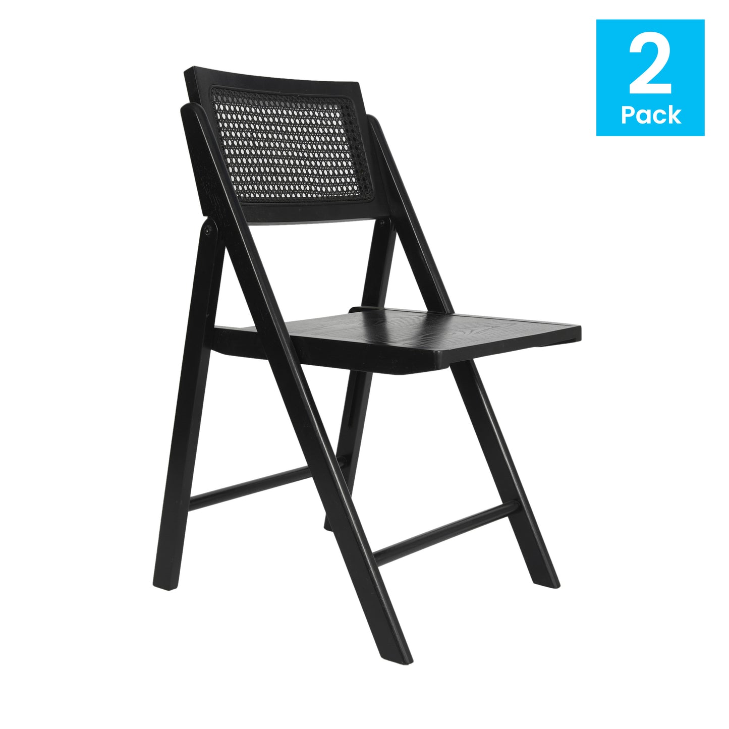 Galene Set of 2 Cane Rattan Folding Chairs with Solid Wood Frame and Seat and Ventilated Back, Perfect for Events or Additional Seating, Natural/Black Black SK-220905-BLK-GG
