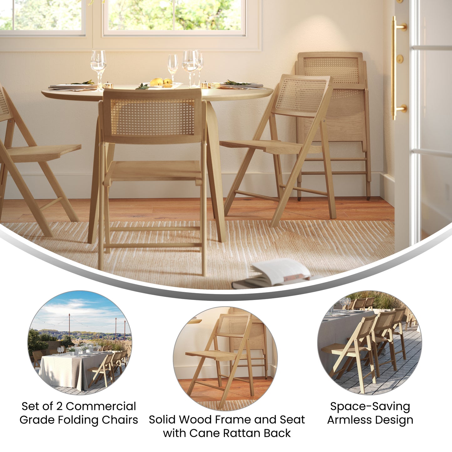 Galene Set of 2 Cane Rattan Folding Chairs with Solid Wood Frame and Seat and Ventilated Back, Perfect for Events or Additional Seating, Natural Natural