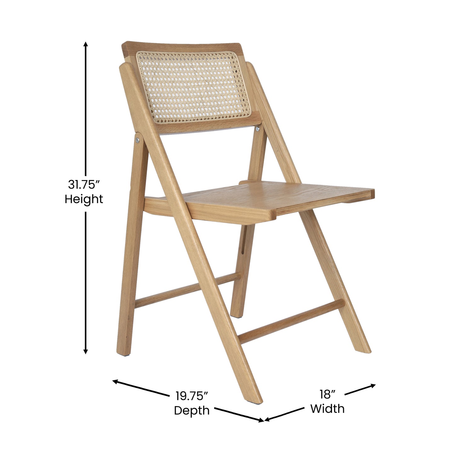 Galene Set of 2 Cane Rattan Folding Chairs with Solid Wood Frame and Seat and Ventilated Back, Perfect for Events or Additional Seating, Natural Natural