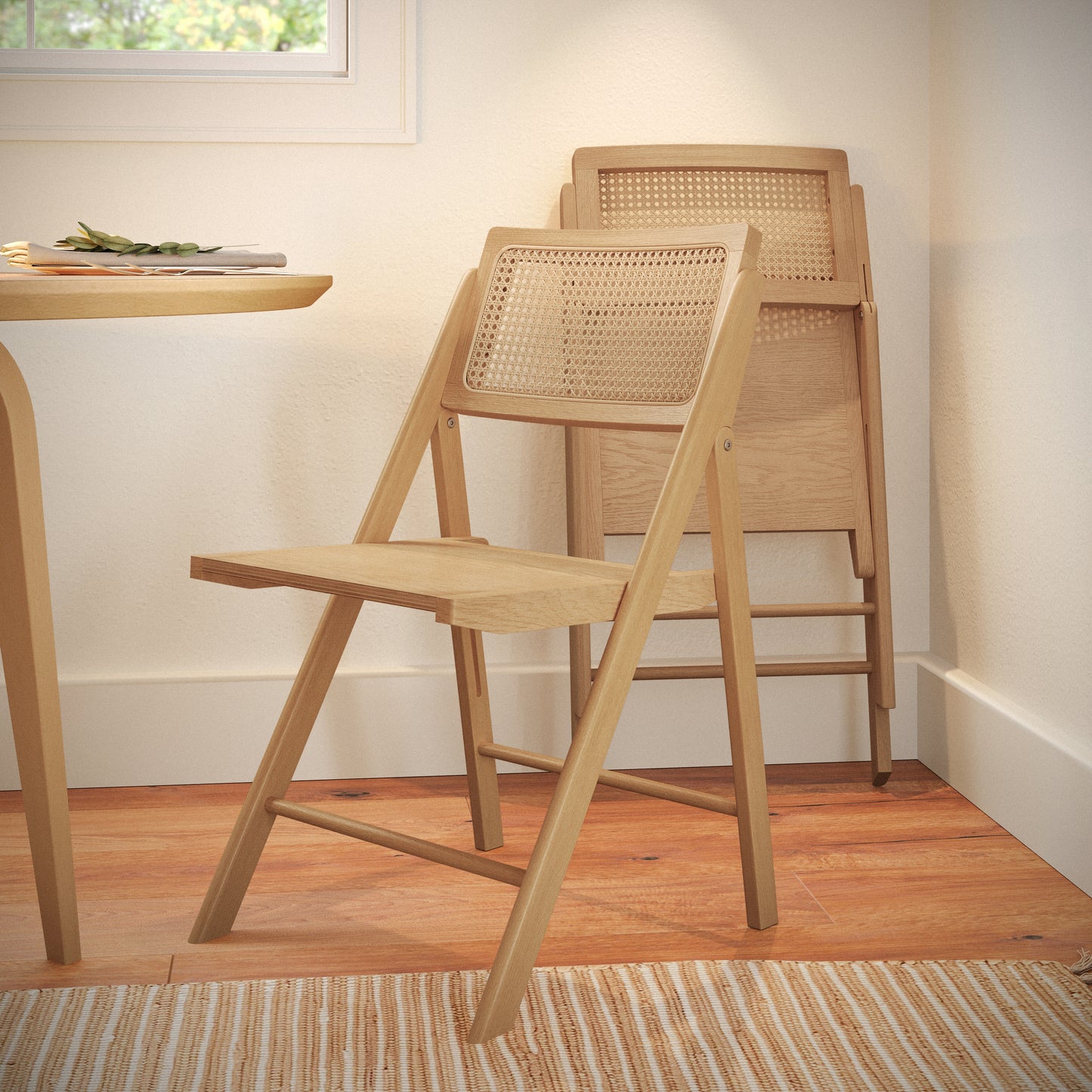 Galene Set of 2 Cane Rattan Folding Chairs with Solid Wood Frame and Seat and Ventilated Back, Perfect for Events or Additional Seating, Natural Natural