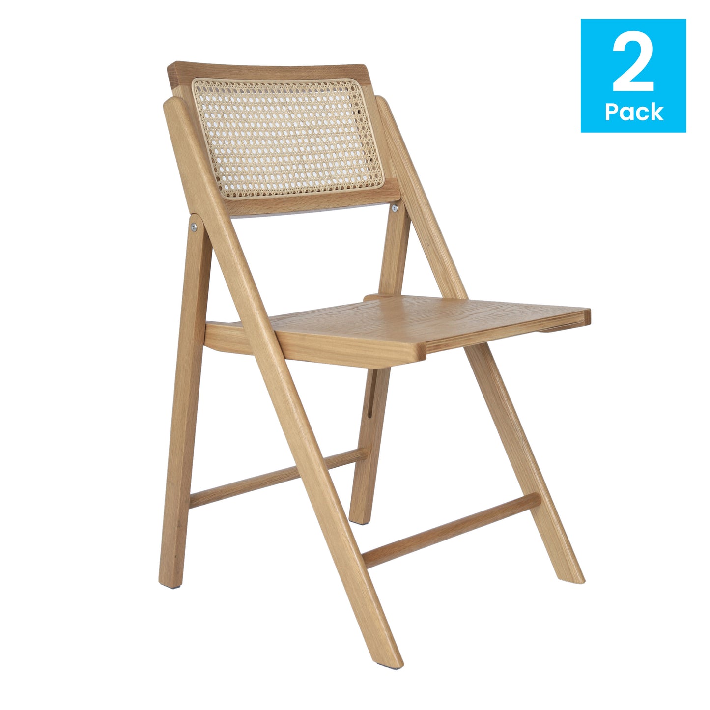 Galene Set of 2 Cane Rattan Folding Chairs with Solid Wood Frame and Seat and Ventilated Back, Perfect for Events or Additional Seating, Natural Natural
