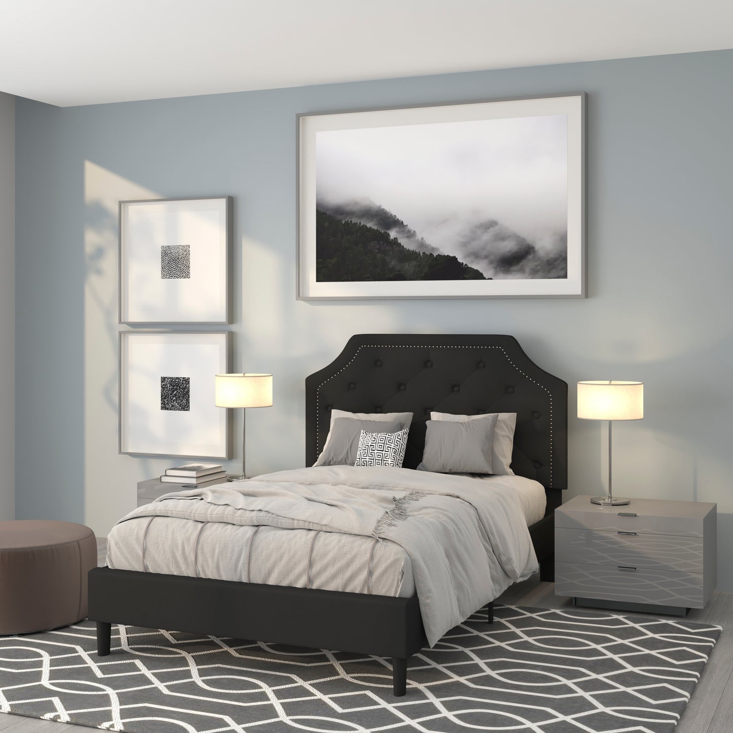 Brighton Full Size Tufted Upholstered Platform Bed in Black Fabric Black
