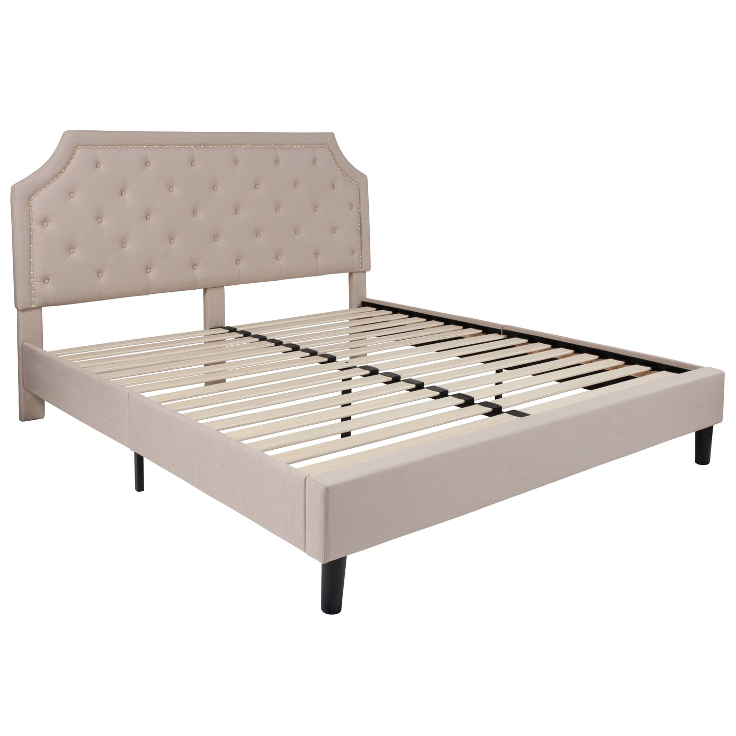 Brighton King Size Tufted Upholstered Platform Bed in Beige Fabric Beige