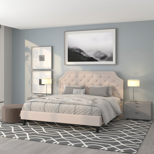 Brighton King Size Tufted Upholstered Platform Bed in Beige Fabric Beige SL-BK4-K-B-GG