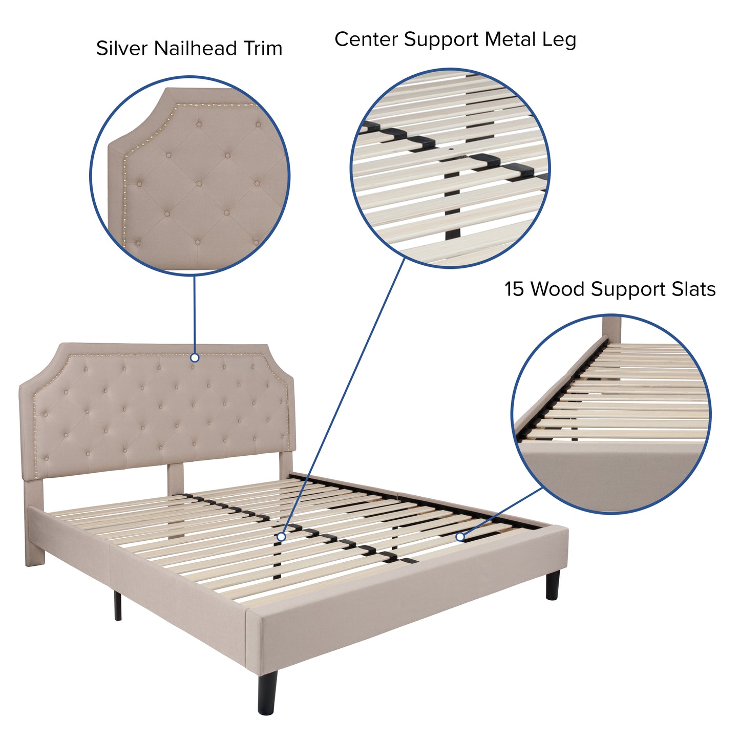 Brighton King Size Tufted Upholstered Platform Bed in Beige Fabric Beige