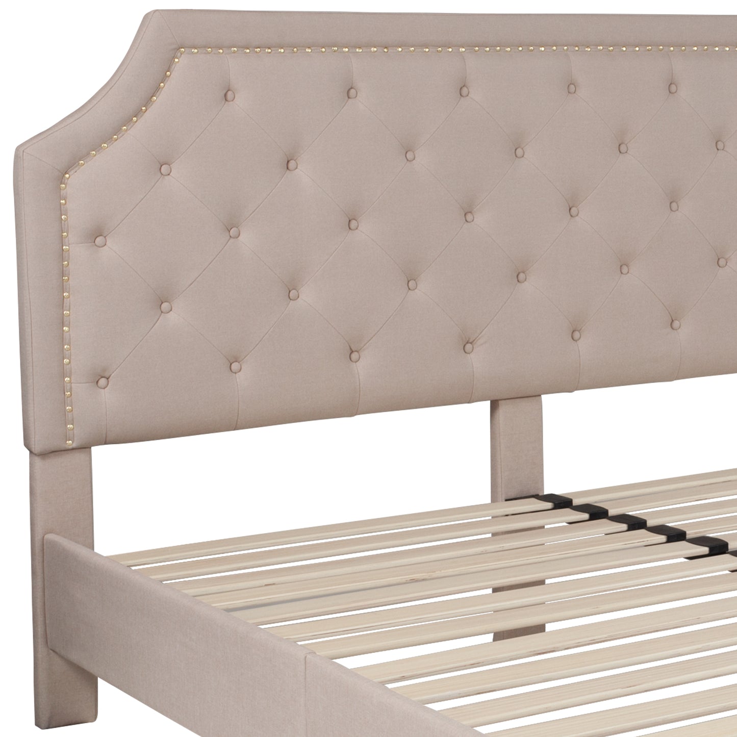 Brighton King Size Tufted Upholstered Platform Bed in Beige Fabric Beige