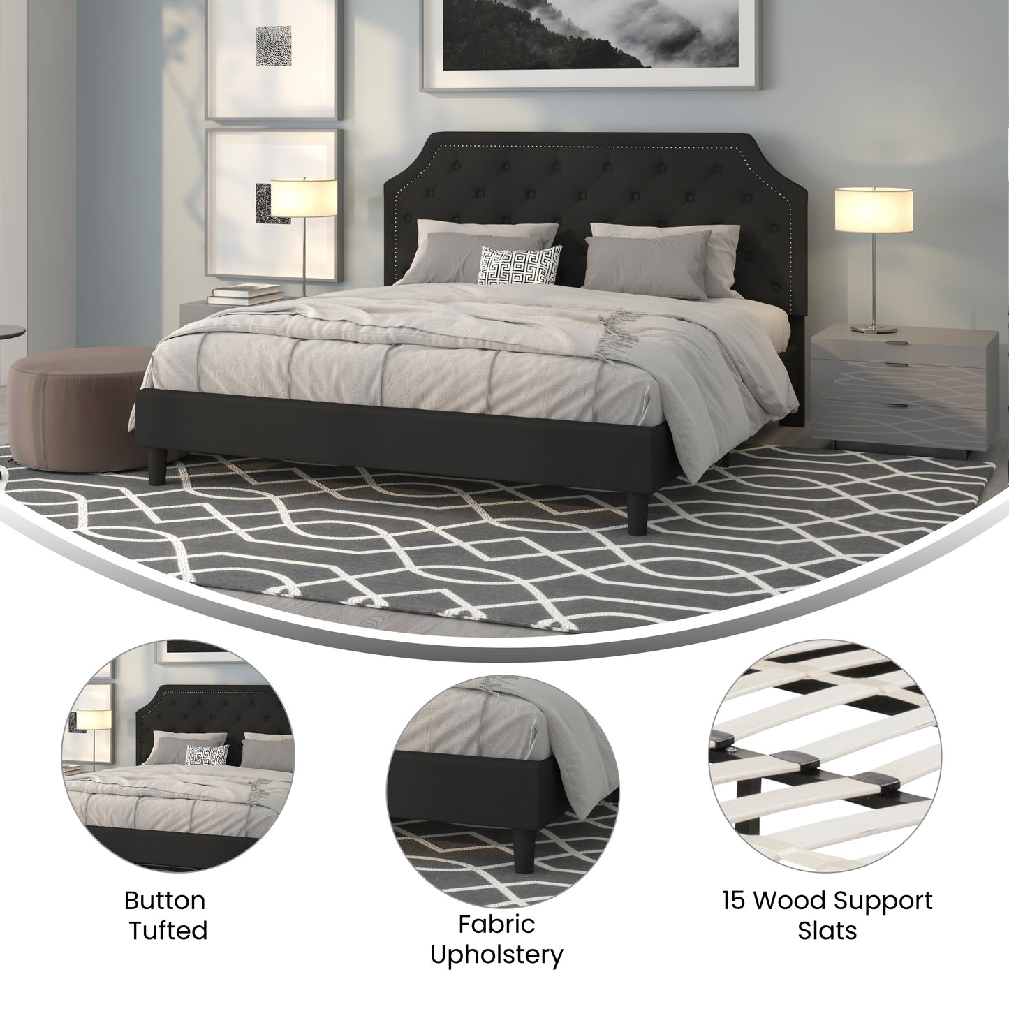 Brighton King Size Tufted Upholstered Platform Bed in Black Fabric Black