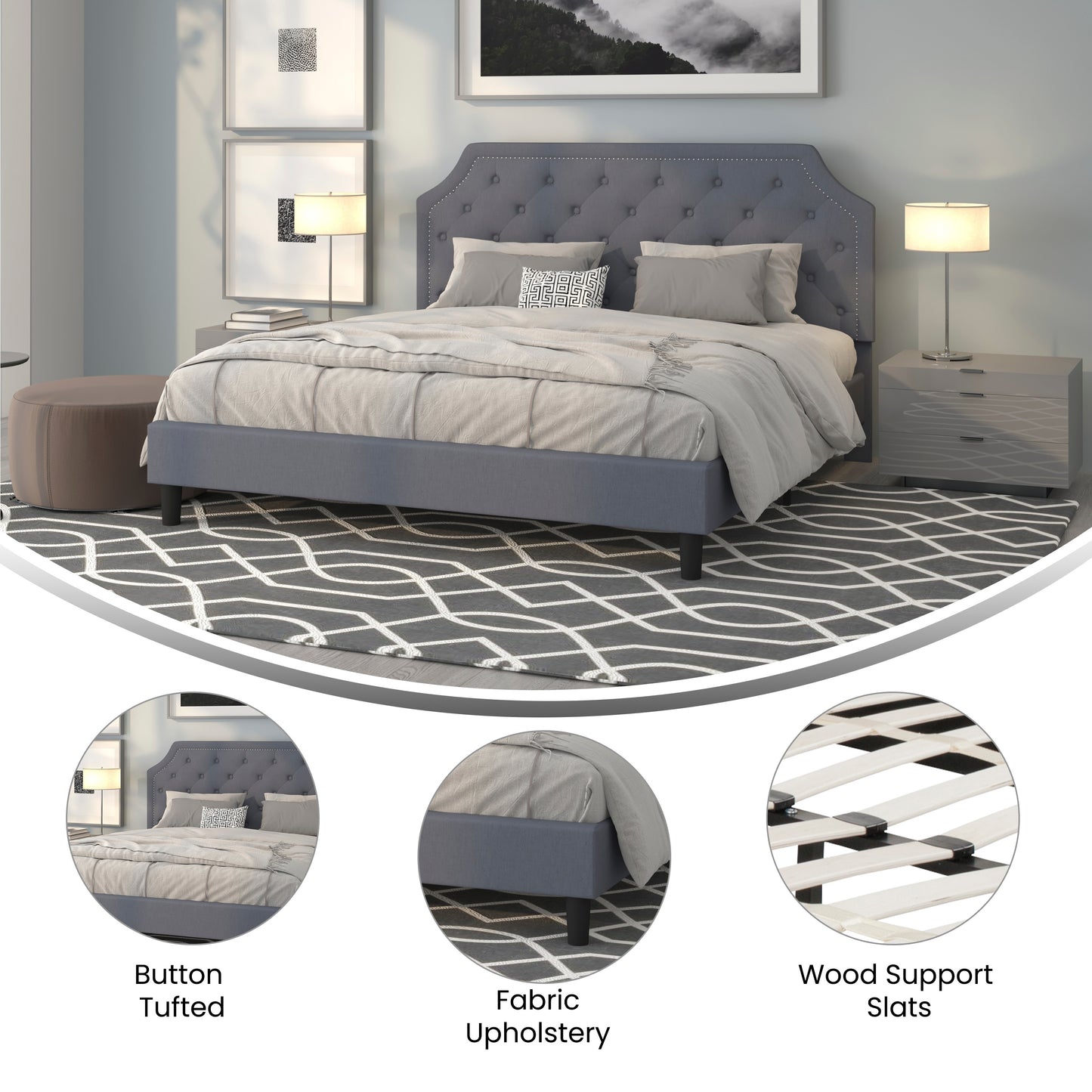 Brighton King Size Tufted Upholstered Platform Bed in Light Gray Fabric Light Gray