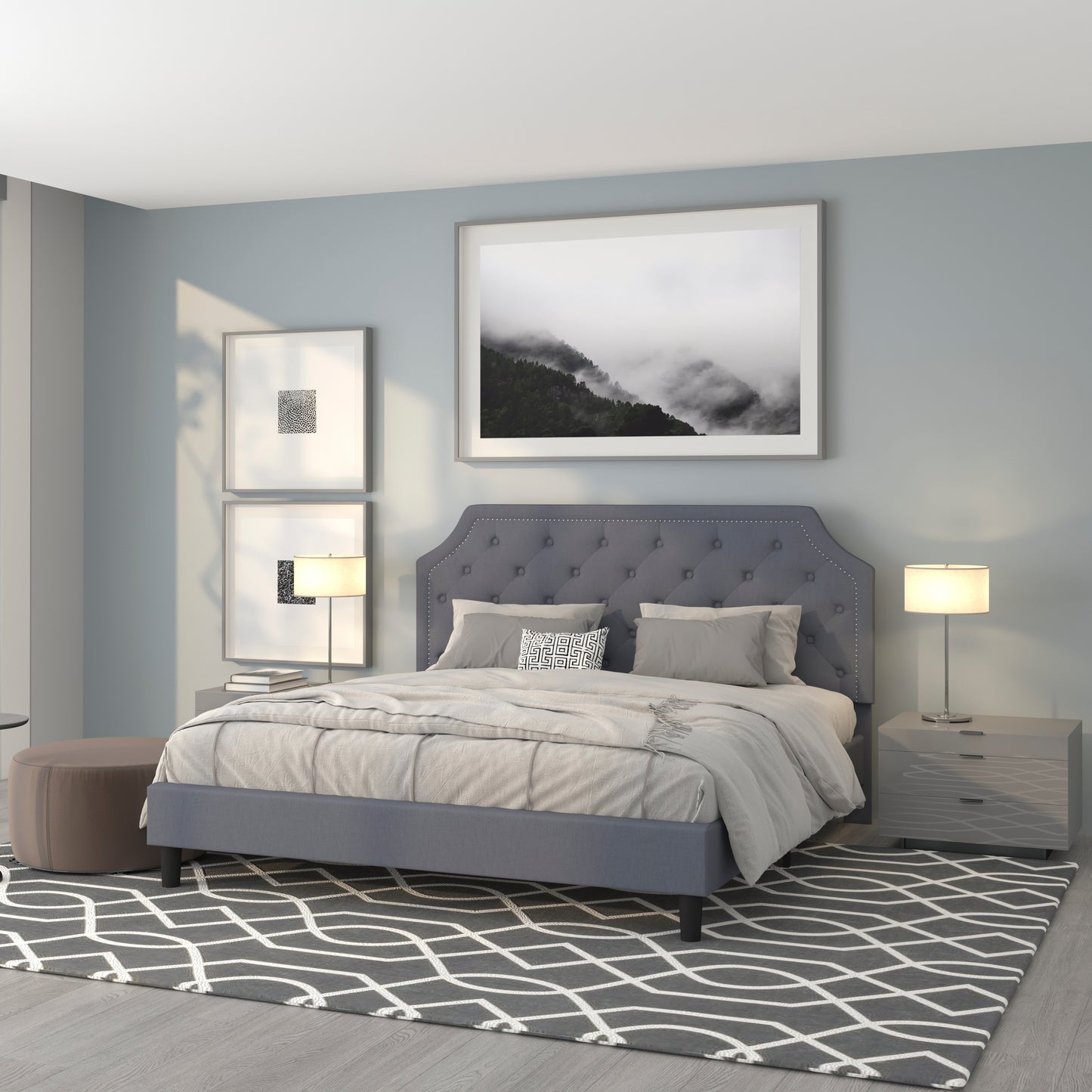 Brighton King Size Tufted Upholstered Platform Bed in Light Gray Fabric Light Gray