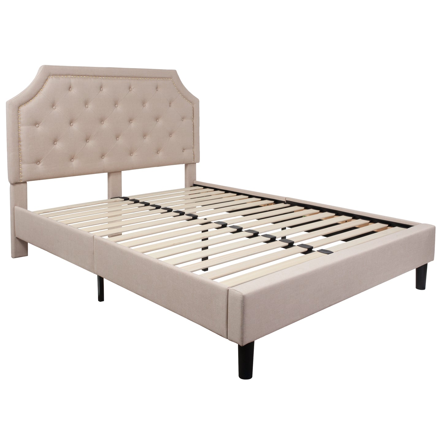 Brighton Queen Size Tufted Upholstered Platform Bed in Beige Fabric Beige