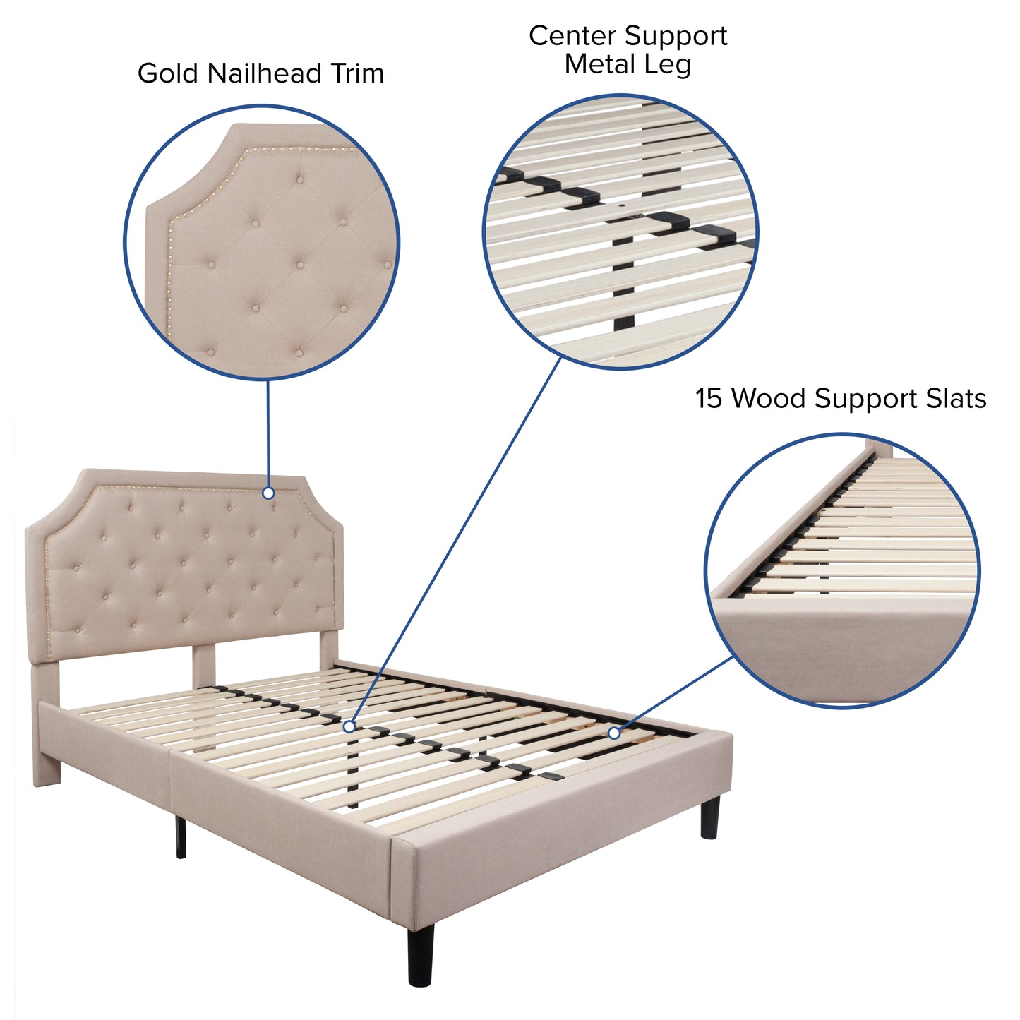 Brighton Queen Size Tufted Upholstered Platform Bed in Beige Fabric Beige