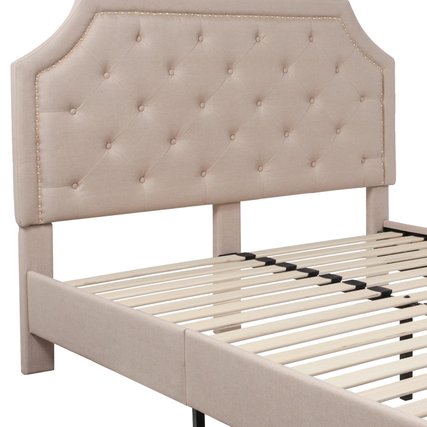 Brighton Queen Size Tufted Upholstered Platform Bed in Beige Fabric Beige