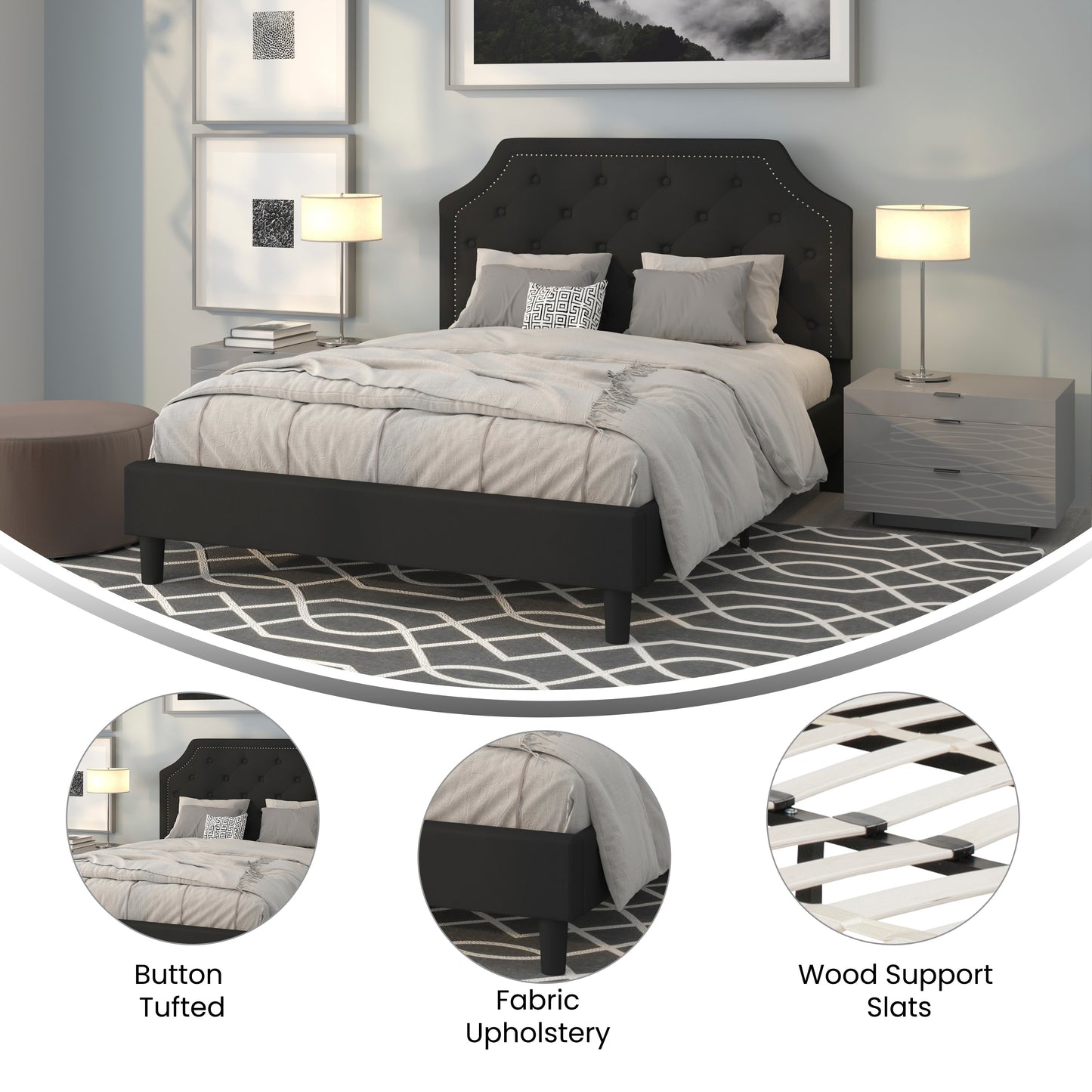 Brighton Queen Size Tufted Upholstered Platform Bed in Black Fabric Black