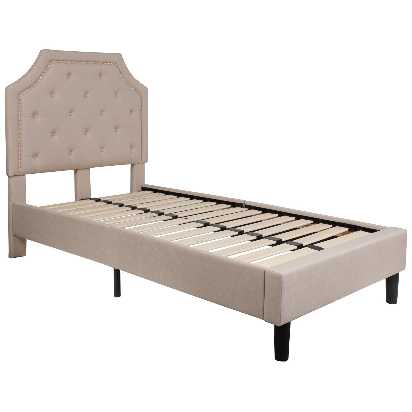 Brighton Twin Size Tufted Upholstered Platform Bed in Beige Fabric Beige