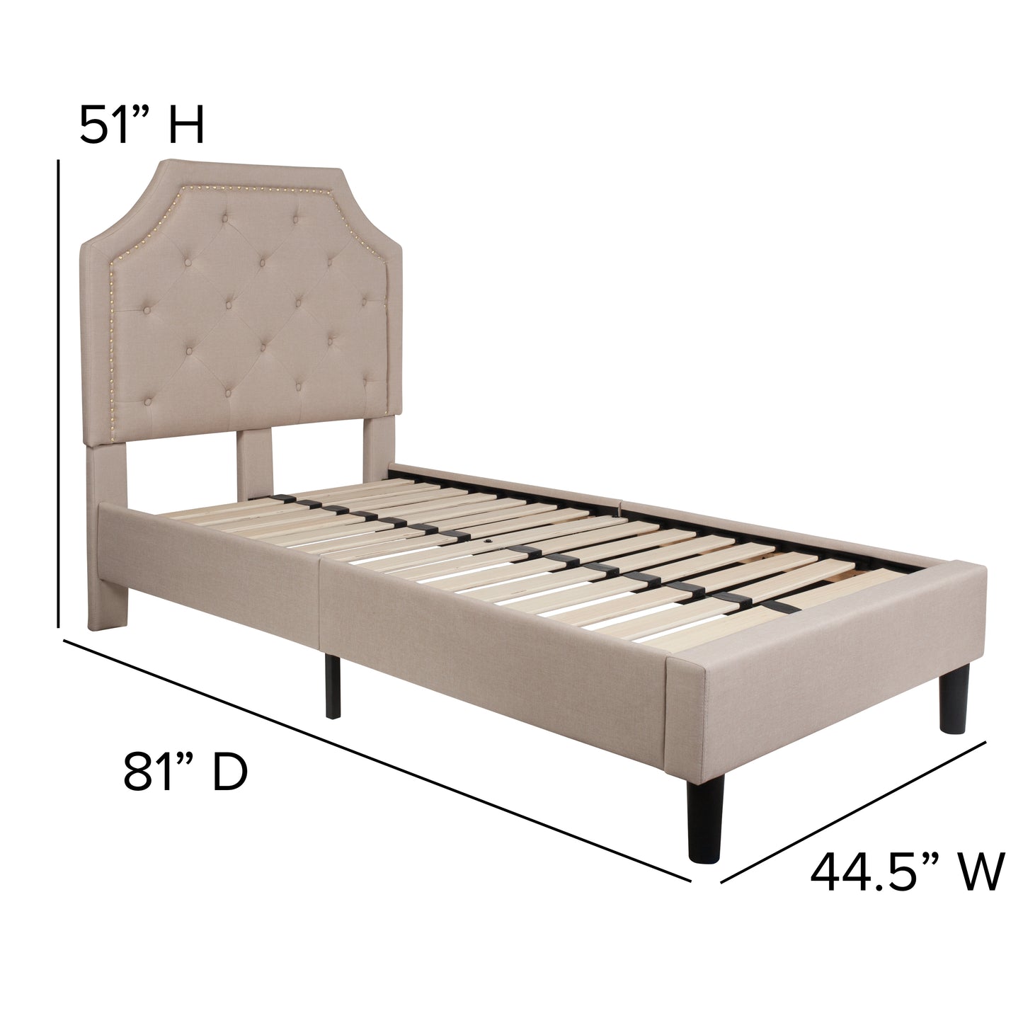 Brighton Twin Size Tufted Upholstered Platform Bed in Beige Fabric Beige