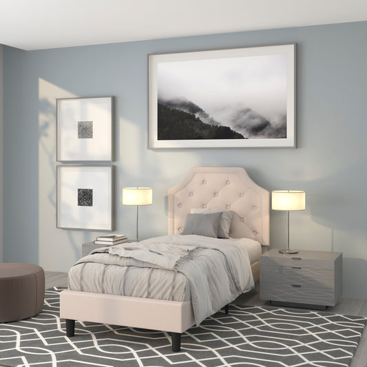 Brighton Twin Size Tufted Upholstered Platform Bed in Beige Fabric Beige SL-BK4-T-B-GG